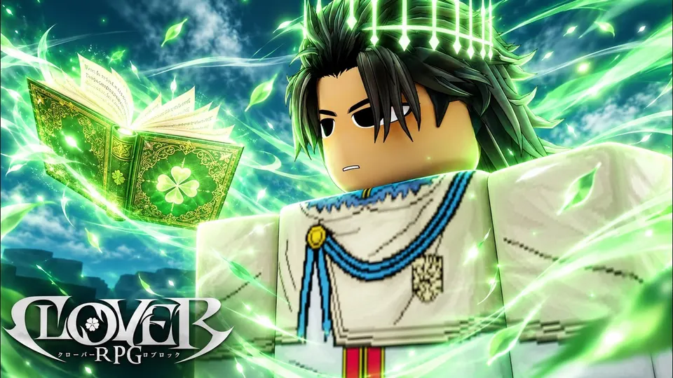 Clover RPG beginner recording cover with a dark-haired character and a glowing green grimoire.