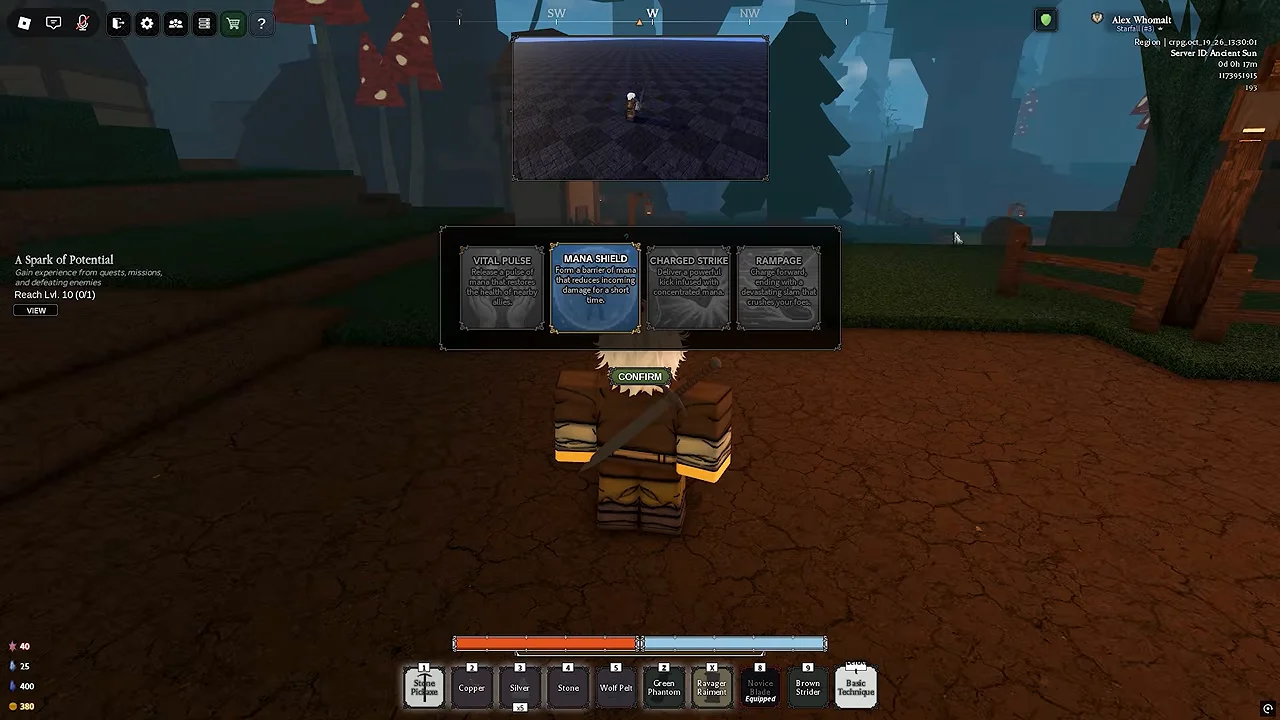 Basic Technique Token selection with Mana Shield highlighted and a Confirm button.