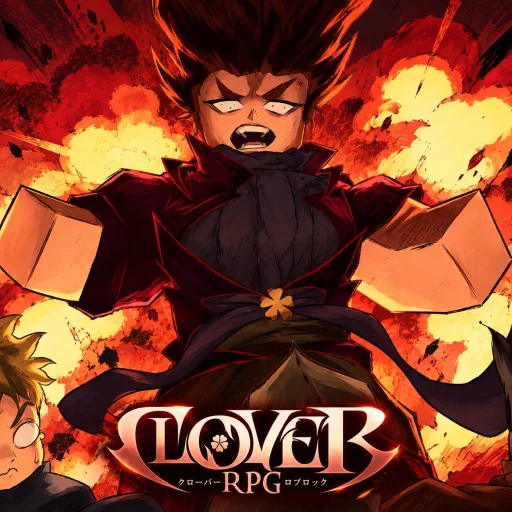 Clover RPG promotional release artwork with a dark-clad character amid red and gold flames.