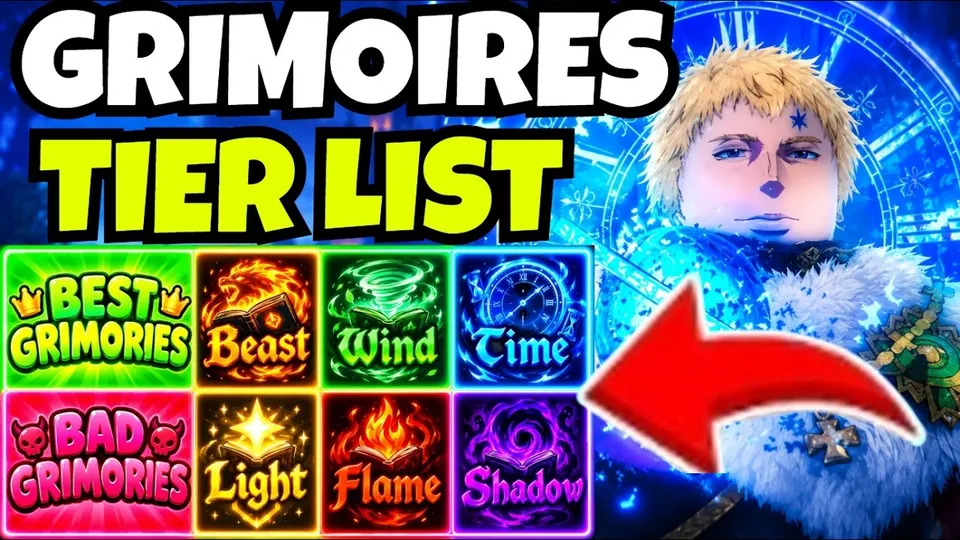 Clover RPG magic tier-list recording cover showing a character and labeled grimoires.